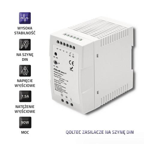 Qoltec Zasilacz na szynę DIN | 90W | 12V | 7.5A | Biały | Slim