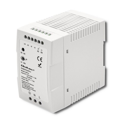 Qoltec Zasilacz na szynę DIN | 90W | 12V | 7.5A | Biały | Slim