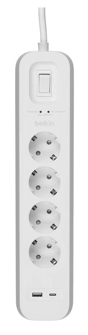 Listwa zasilająca Belkin Power Surge 4-PORT + 1xUSB-A +1xUSB-C 2.4A PD 525J 2m White Schuko