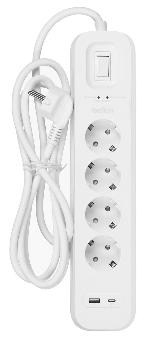 Listwa zasilająca Belkin Power Surge 4-PORT + 1xUSB-A +1xUSB-C 2.4A PD 525J 2m White Schuko