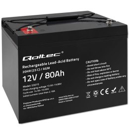 Qoltec Akumulator AGM | 12V | 80Ah | 23.5kg | Bezobsługowy | Mocny | LongLife | do UPS, kampera, łodzi, pieca