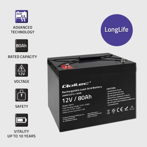 Qoltec Akumulator AGM | 12V | 80Ah | 23.5kg | Bezobsługowy | Mocny | LongLife | do UPS, kampera, łodzi, pieca