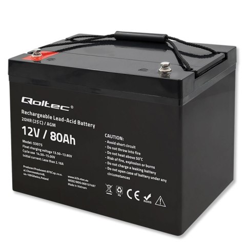 Qoltec Akumulator AGM | 12V | 80Ah | 23.5kg | Bezobsługowy | Mocny | LongLife | do UPS, kampera, łodzi, pieca