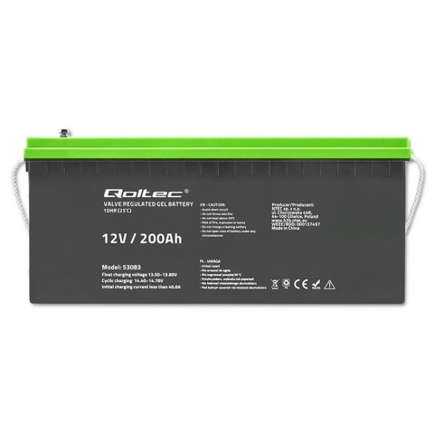 Qoltec Akumulator żelowy GEL | 12V | 200Ah | 59.5kg | Bezobsługowy | Professional | LongLife | PV, UPS, kamper, łódź