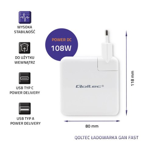 Qoltec Ładowarka GaN FAST 108W | 5-20V | 3-4.7A | USB C | Biała