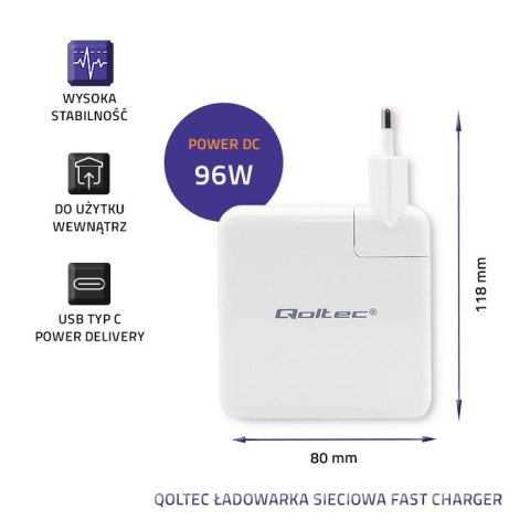 Qoltec Ładowarka sieciowa FAST 96W | 5-20V | 3- 4.7A | USB C PD | Biała