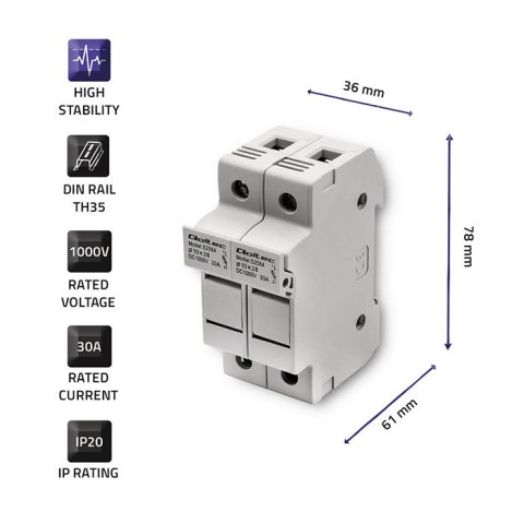 Qoltec Podstawa bezpiecznikowa + bezpiecznik DC |2P |1000V |30A |10x38 |solar
