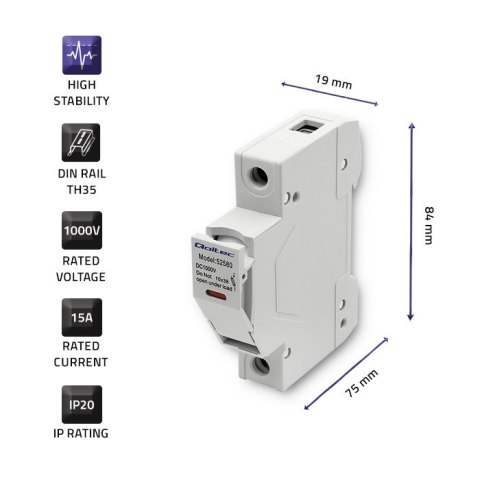 Qoltec Podstawa bezpiecznikowa z diodą + bezpiecznik DC | 1P|1000V |15A |10x38 |solar