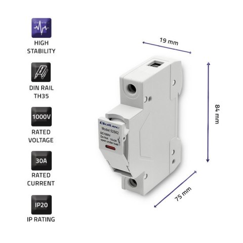 Qoltec Podstawa bezpiecznikowa z diodą + bezpiecznik DC| 1P|1000V |30A |10x38 |solar