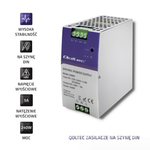 Qoltec Przemysłowy zasilacz na szynę DIN | 240W | 48V | 5A