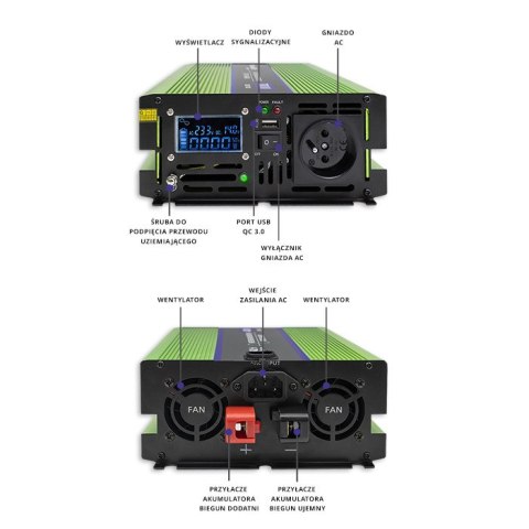 Qoltec Przetwornica napięcia Monolith | ładowanie baterii |UPS |1000W | 2000W |12V na 230V |Czysty Sinus |LCD