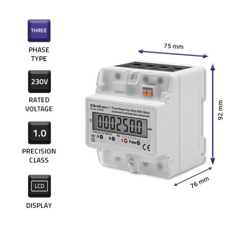 Qoltec Trójfazowy elektroniczny licznik | miernik zużycia energii na szynę DIN | 400V | LCD | 4P