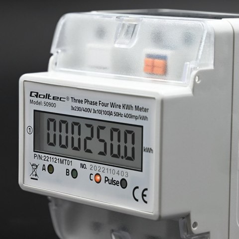 Qoltec Trójfazowy elektroniczny licznik | miernik zużycia energii na szynę DIN | 400V | LCD | 4P