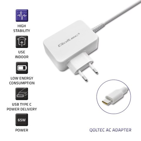 Qoltec Zasilacz sieciowy 65W | 5-20.3V | 2-3.25A | USB typ C | PD | Biały