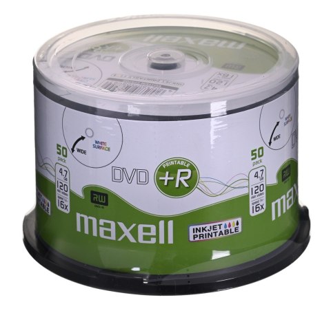 MAXELL DVD+R 4,7GB, 50 szt. w opakowaniu cake (szpindel). Prędkość zapisu 16X, 120 min. Płyty do nadruku atramentowego. Przeznac