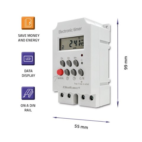 Qoltec Elektroniczny programator czasowy PC0629 na szynę DIN | LCD