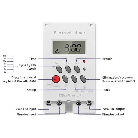 Qoltec Elektroniczny programator czasowy PC0629 na szynę DIN | LCD