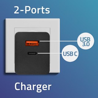 Qoltec Ładowarka GaN POWER PRO | 1xUSB-C | 1xUSB | 100W | 5-20V | 1.5-5A | PD | Czarna