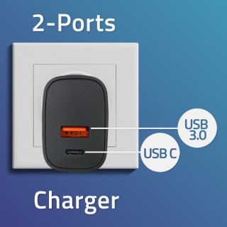 Qoltec Ładowarka GaN POWER PRO | 1xUSB-C | 1xUSB | 30W | 5-20V | 1.5-3A | Czarna