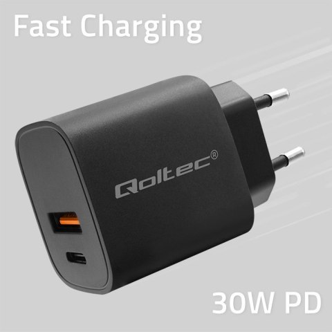 Qoltec Ładowarka GaN POWER PRO | 1xUSB-C | 1xUSB | 30W | 5-20V | 1.5-3A | Czarna