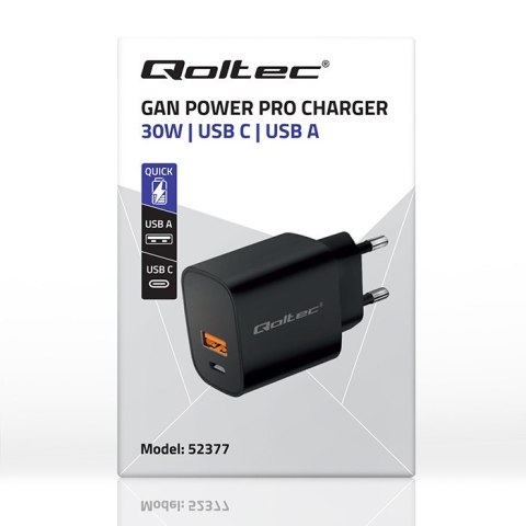 Qoltec Ładowarka GaN POWER PRO | 1xUSB-C | 1xUSB | 30W | 5-20V | 1.5-3A | Czarna