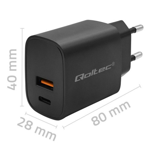 Qoltec Ładowarka GaN POWER PRO | 1xUSB-C | 1xUSB | 30W | 5-20V | 1.5-3A | Czarna