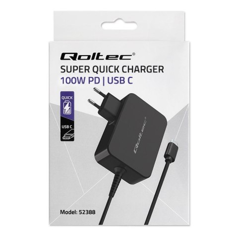 Qoltec Ładowarka GaN POWER PRO | 1xUSB-C | 100W | 5-20V | 3-5A | Czarna