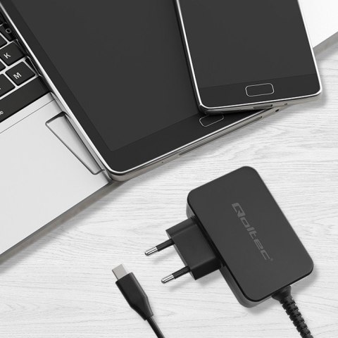 Qoltec Ładowarka GaN POWER PRO | 1xUSB-C | 45W | 5-20V | 2.25-3A | Czarna