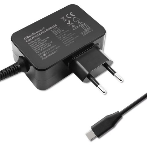 Qoltec Ładowarka GaN POWER PRO | 1xUSB-C | 45W | 5-20V | 2.25-3A | Czarna