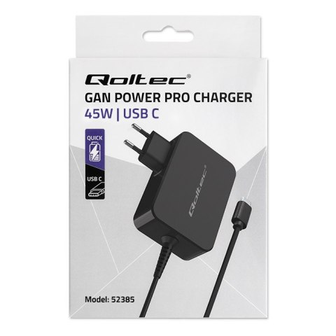 Qoltec Ładowarka GaN POWER PRO | 1xUSB-C | 45W | 5-20V | 2.25-3A | Czarna