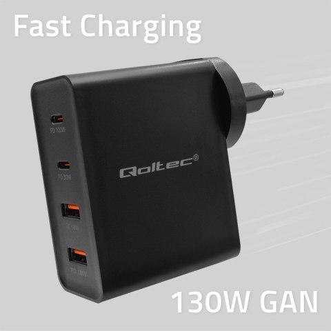 Qoltec Ładowarka GaN POWER PRO | 2xUSB-C | 2xUSB | 130W | 5-20V | 1.5-5A | PD | Czarna