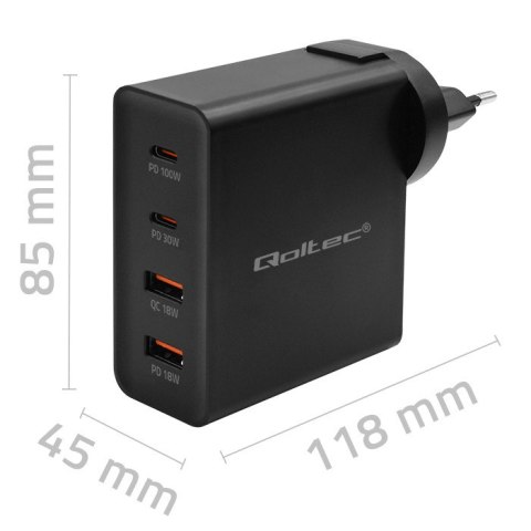 Qoltec Ładowarka GaN POWER PRO | 2xUSB-C | 2xUSB | 130W | 5-20V | 1.5-5A | PD | Czarna