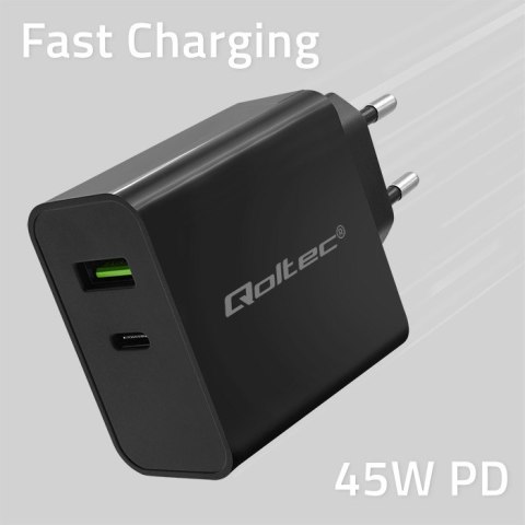 Qoltec Ładowarka Super Quick PD | 1xUSB-C | 1xUSB | 45W | 5-20V | 2.25-3A | Czarna