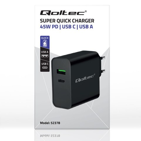 Qoltec Ładowarka Super Quick PD | 1xUSB-C | 1xUSB | 45W | 5-20V | 2.25-3A | Czarna