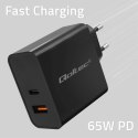 Qoltec Ładowarka Super Quick PD |1xUSB-C | 1xUSB | 65W | 5-20V | 1.5-3.25A | Czarna