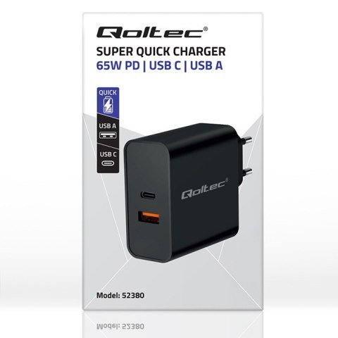 Qoltec Ładowarka Super Quick PD |1xUSB-C | 1xUSB | 65W | 5-20V | 1.5-3.25A | Czarna