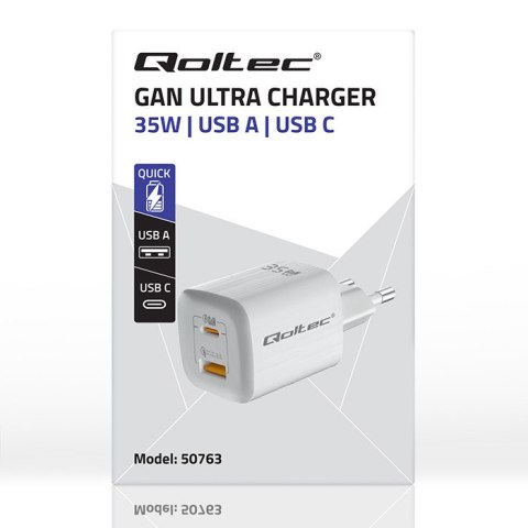 Qoltec Ładowarka sieciowa 35W GaN ULTRA | 5-20V | 2.25-3A | 1 x USB typ C PD | 1 x USB QC 3.0 | Biała