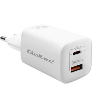 Qoltec Ładowarka sieciowa 65W GaN ULTRA | 5-20V | 2.25-3.25A | 1 x USB typ C PD | 1 x USB QC 3.0 | Biała