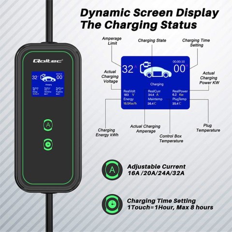 Qoltec Mobilna ładowarka do samochodu elektrycznego EV z regulacją 2w1 Typ2 | 7kW | 230V | CEE 3 PIN | LCD | Przenośna | Wallbox