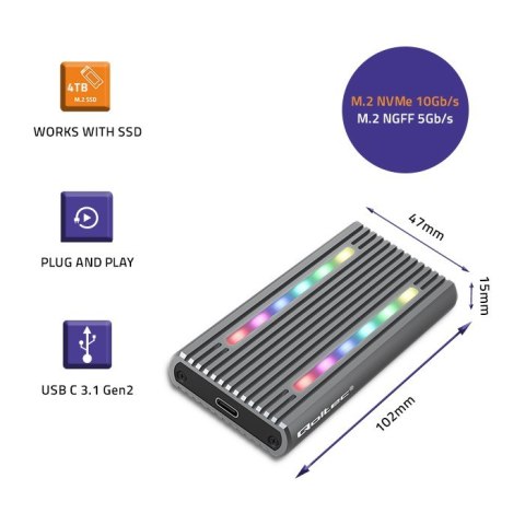 Qoltec Obudowa | kieszeń na dysk M.2 SSD | SATA | NVMe | RGB LED | USB-C | 4TB