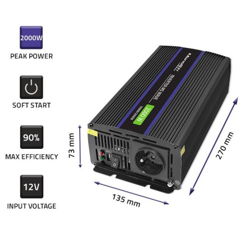 Qoltec Przetwornica napięcia Monolith 2000 MS Wave | 12V na 230V | 1000/2000W | USB