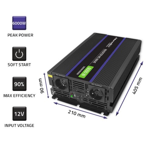 Qoltec Przetwornica napięcia Monolith 6000 MS Wave | 12V na 230V | 3000/6000W | USB