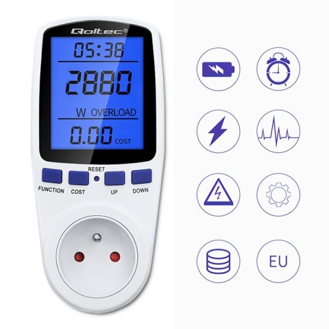 Qoltec Watomierz Licznik zużycia energii PM0626 | 3680W | 16A | LCD