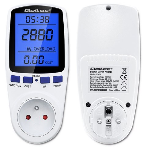 Qoltec Watomierz Licznik zużycia energii PM0626 | 3680W | 16A | LCD