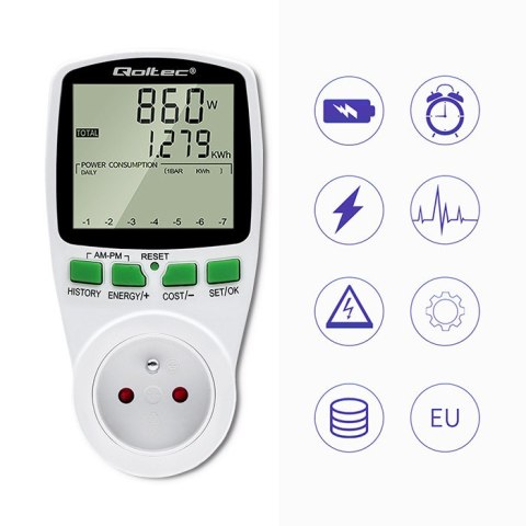 Qoltec Watomierz Licznik zużycia energii PM0627 z historią pomiaru| 3680W | 16A | LCD