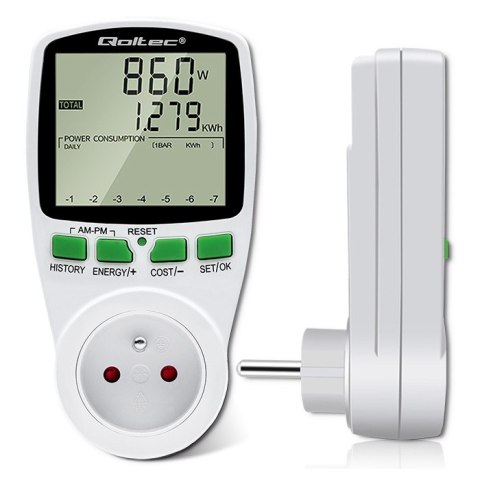 Qoltec Watomierz Licznik zużycia energii PM0627 z historią pomiaru| 3680W | 16A | LCD