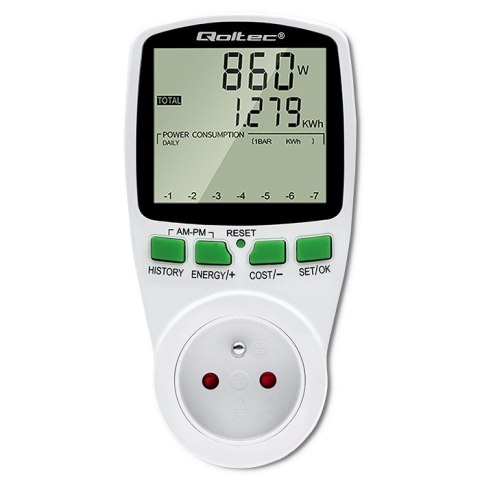 Qoltec Watomierz Licznik zużycia energii PM0627 z historią pomiaru| 3680W | 16A | LCD