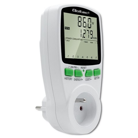 Qoltec Watomierz Licznik zużycia energii PM0627 z historią pomiaru| 3680W | 16A | LCD