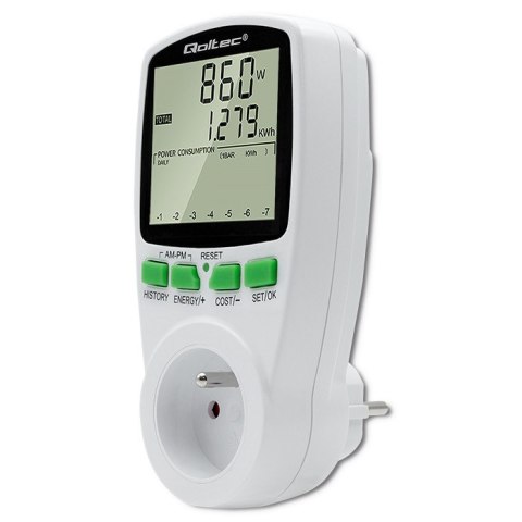 Qoltec Watomierz Licznik zużycia energii PM0627 z historią pomiaru| 3680W | 16A | LCD