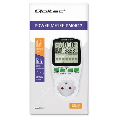 Qoltec Watomierz Licznik zużycia energii PM0627 z historią pomiaru| 3680W | 16A | LCD